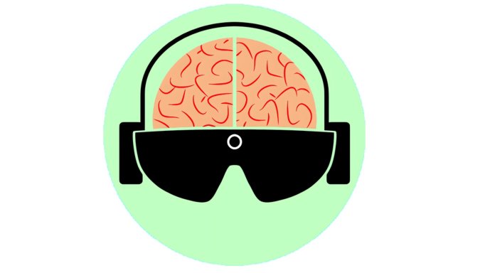 The logo for vOICe.  It's a pale green disk with a pale orange brain wearing black glasses and headphones in the middle of it.